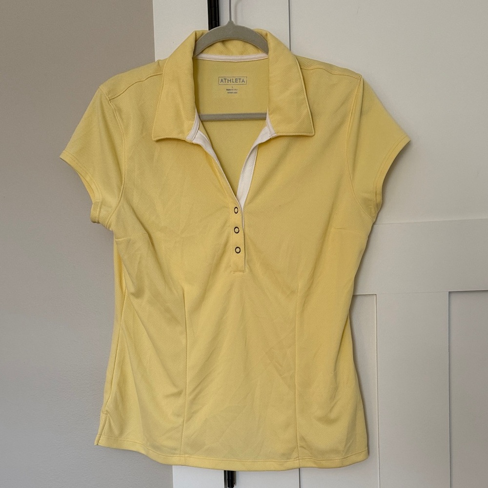 Athleta Yellow Fitted Polo Shirt Short Sleeve Snap Front Placket Golf Tennis L